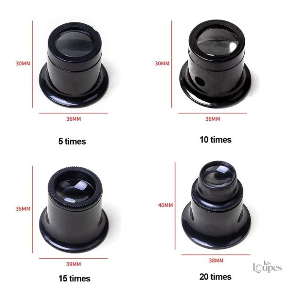 Quatre loupes d'horloger avec différents grossissements pour l'observation